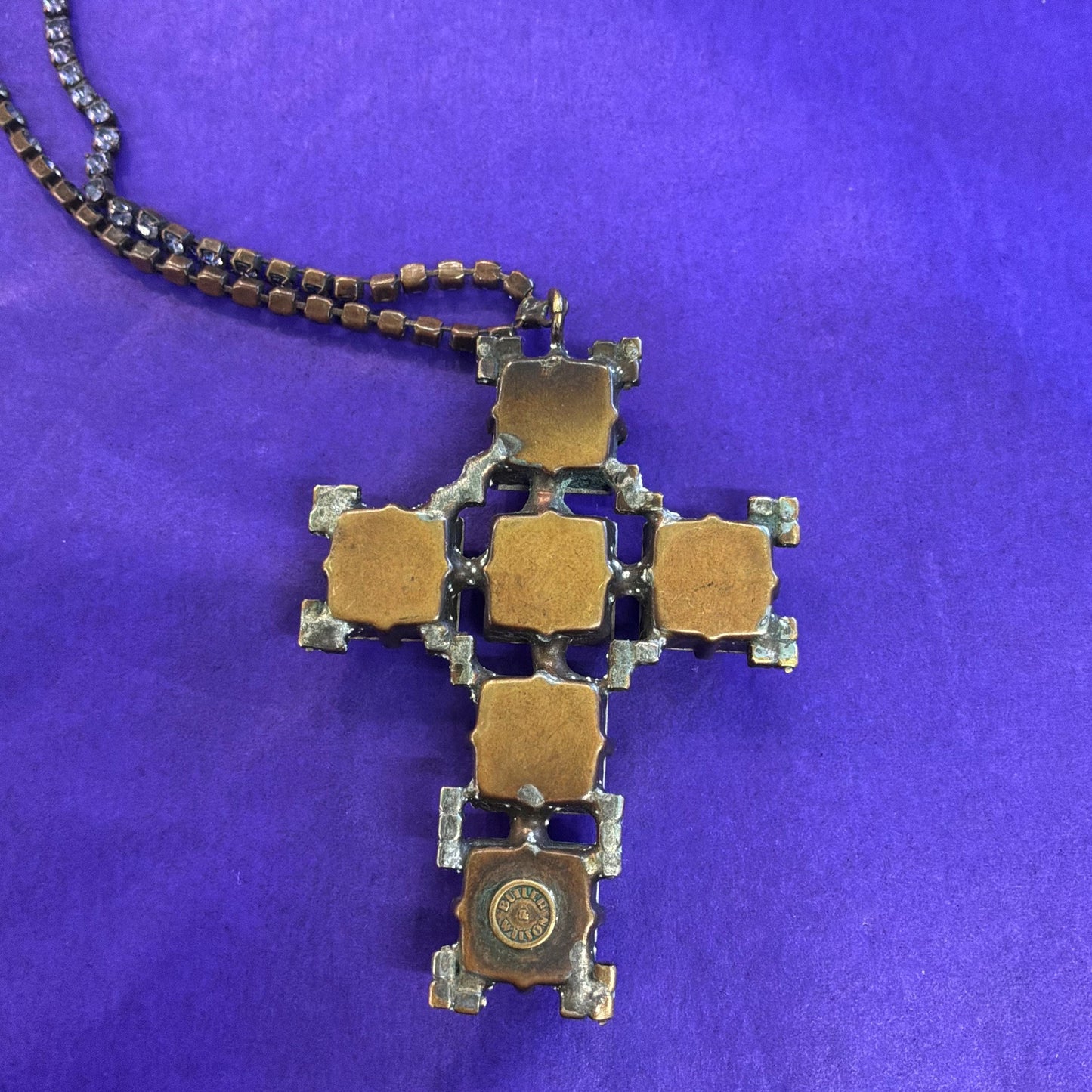 Vintage Butler and Wilson Purple Crystal Cross Pendant Necklace, Old Gold Tone, Signed in Original Box
