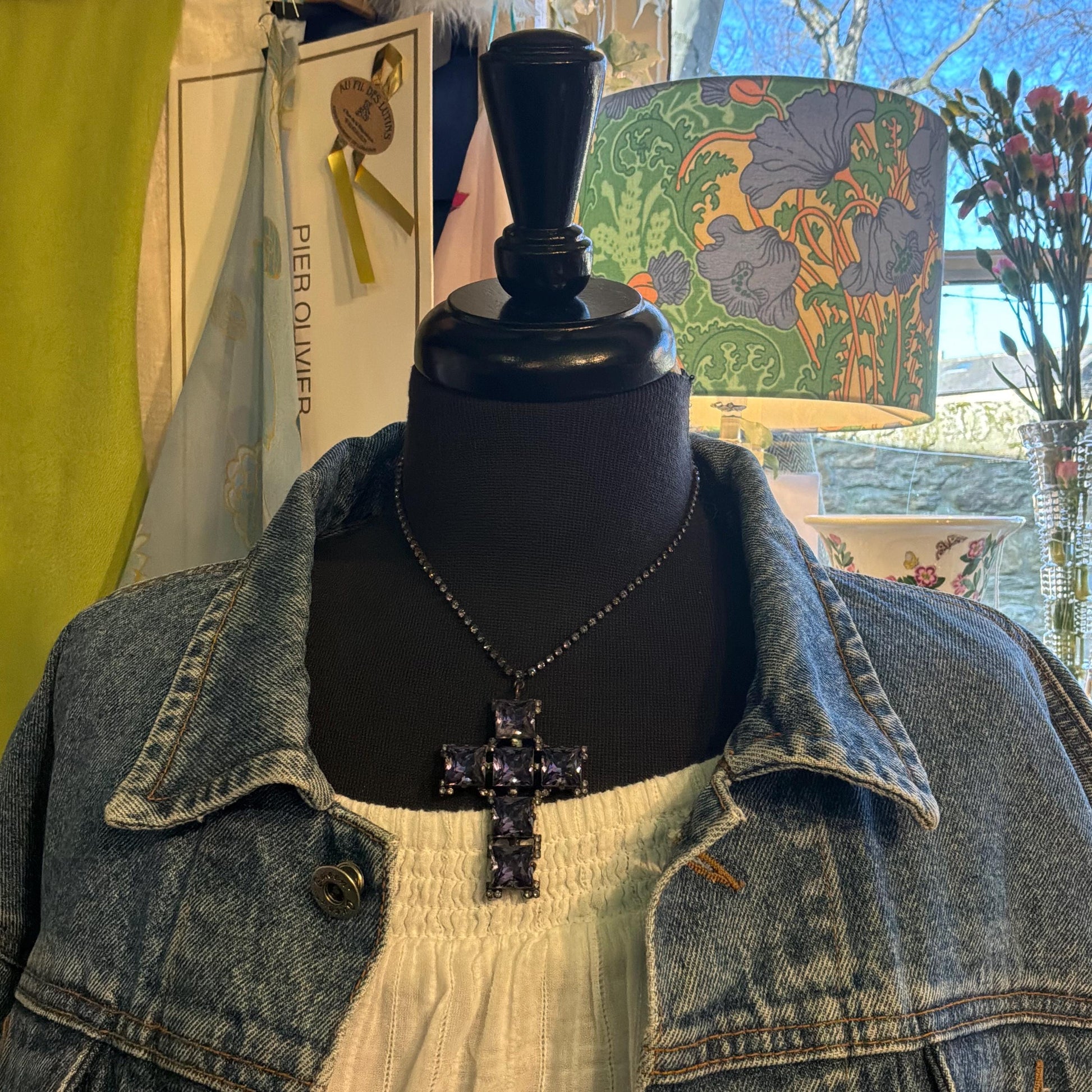 Vintage Butler and Wilson Purple Crystal Cross Pendant Necklace, Old Gold Tone, Signed in Original Box