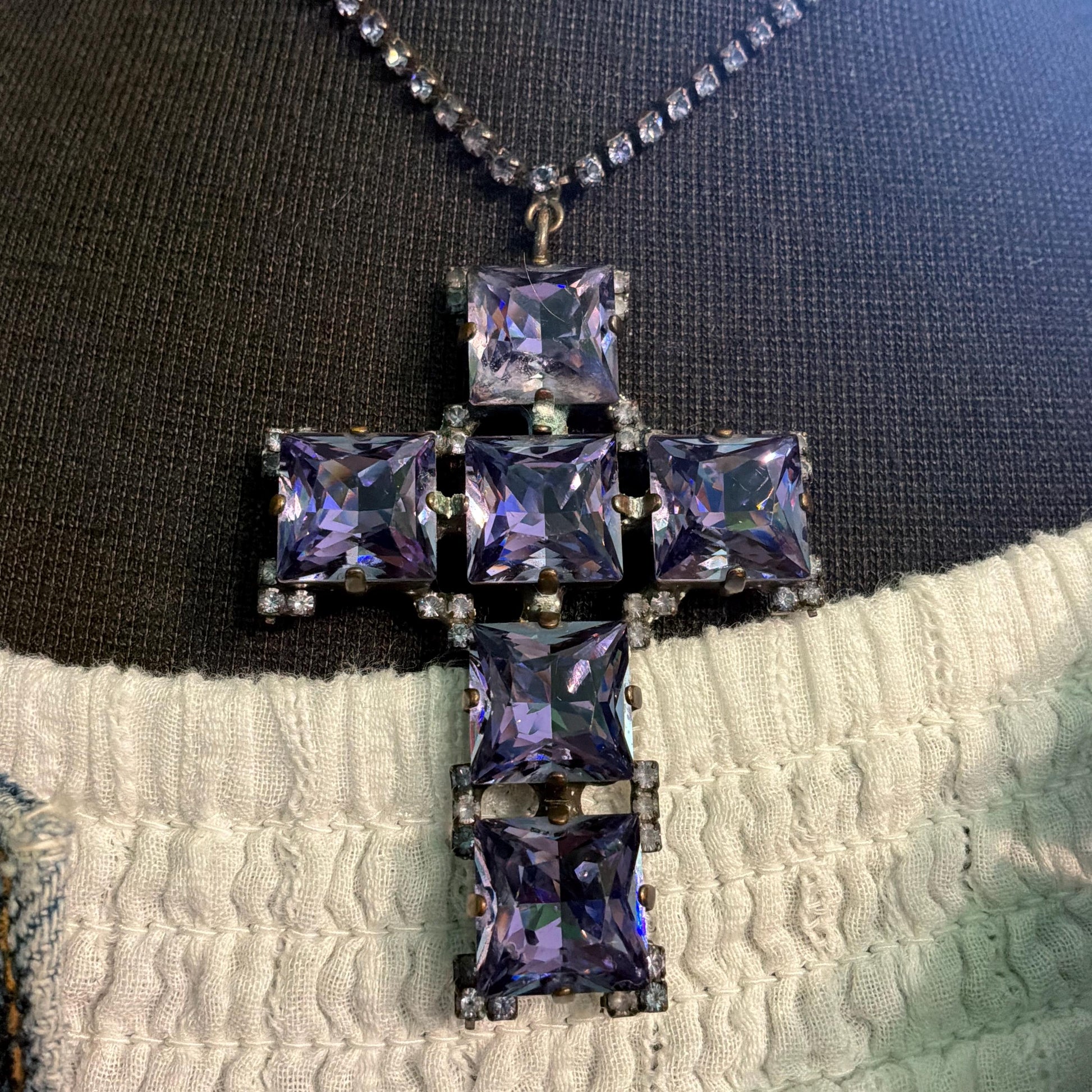 Vintage Butler and Wilson Purple Crystal Cross Pendant Necklace, Old Gold Tone, Signed in Original Box