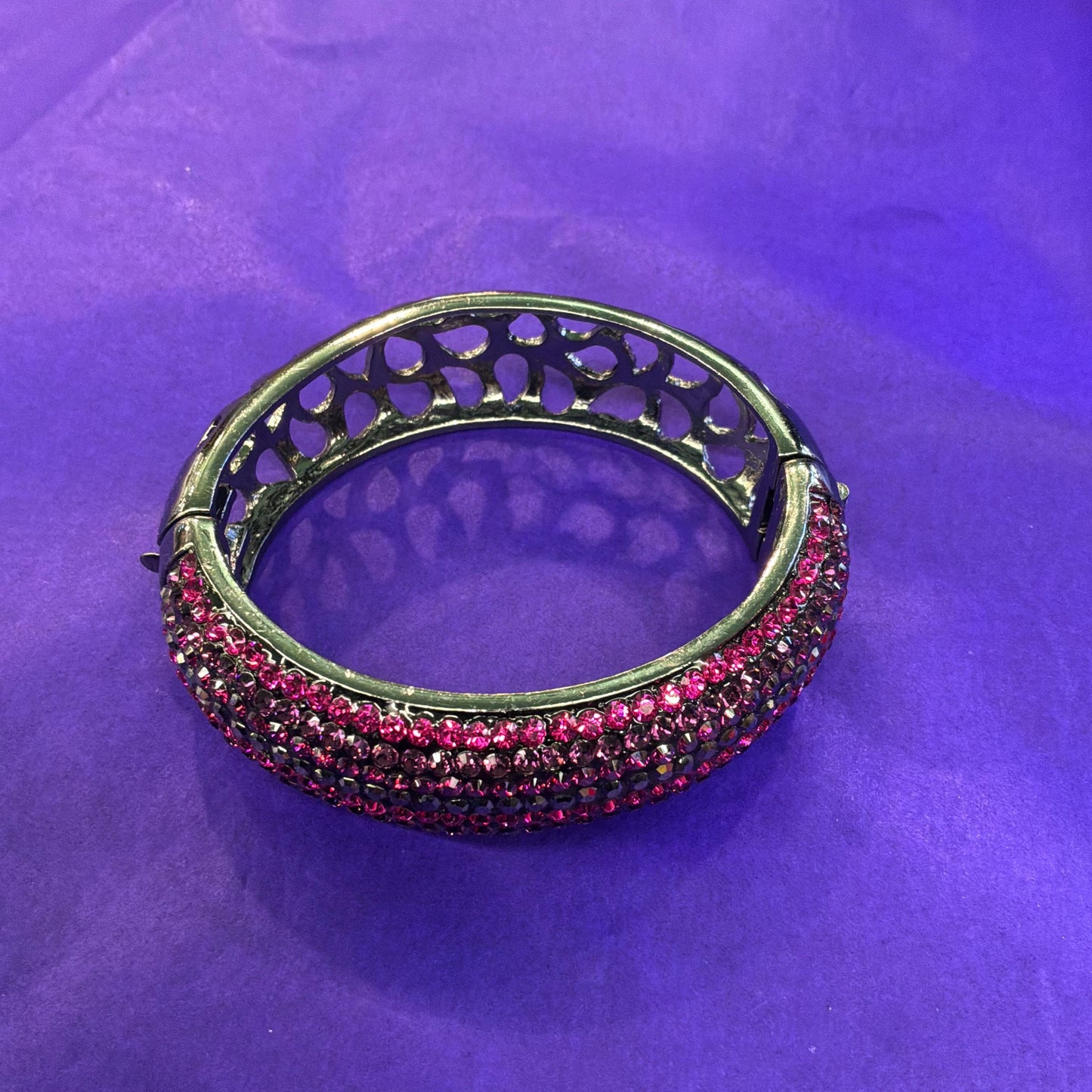 Vintage Butler and Wilson Pink and Pewter Crystal Chunky Bangle, Dark Pewter Tone Metal and Ombré Crystals