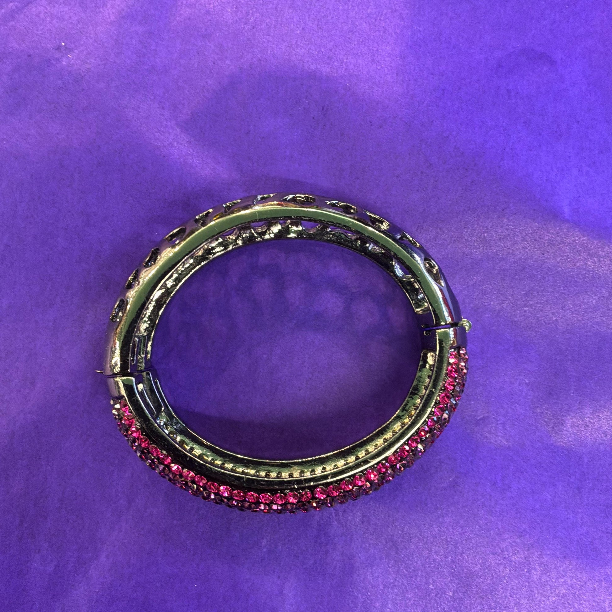 Vintage Butler and Wilson Pink and Pewter Crystal Chunky Bangle, Dark Pewter Tone Metal and Ombré Crystals