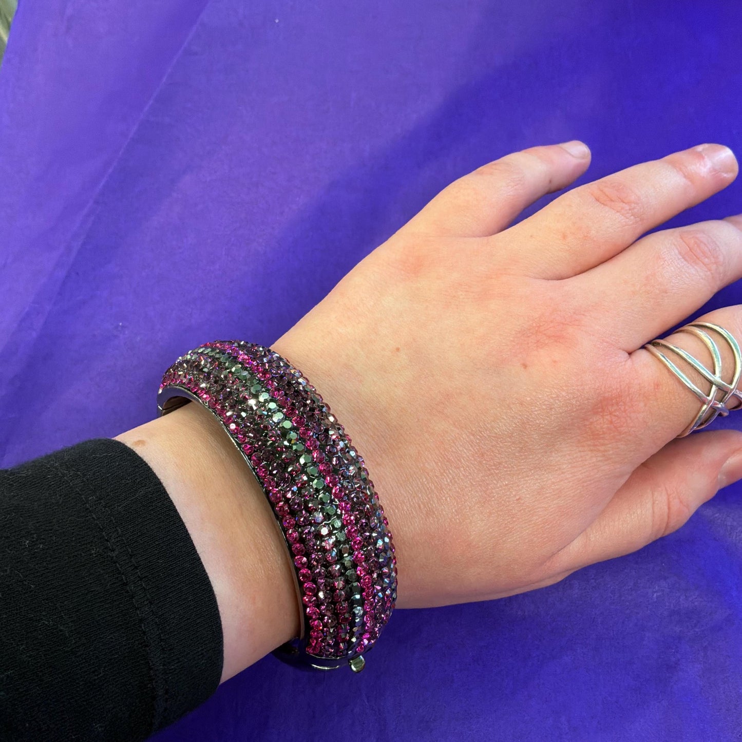 Vintage Butler and Wilson Pink and Pewter Crystal Chunky Bangle, Dark Pewter Tone Metal and Ombré Crystals