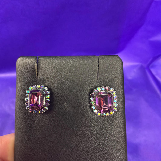 Vintage Butler and Wilson Rectangular Purple and Aurora Borealis Crystal Stud Earrings