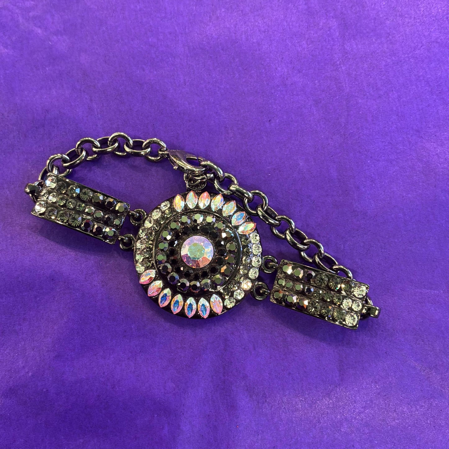 Vintage Butler and Wilson Pewter Tone Art Deco Style Bracelet with Ombré Aurora Borealis Rhinestones