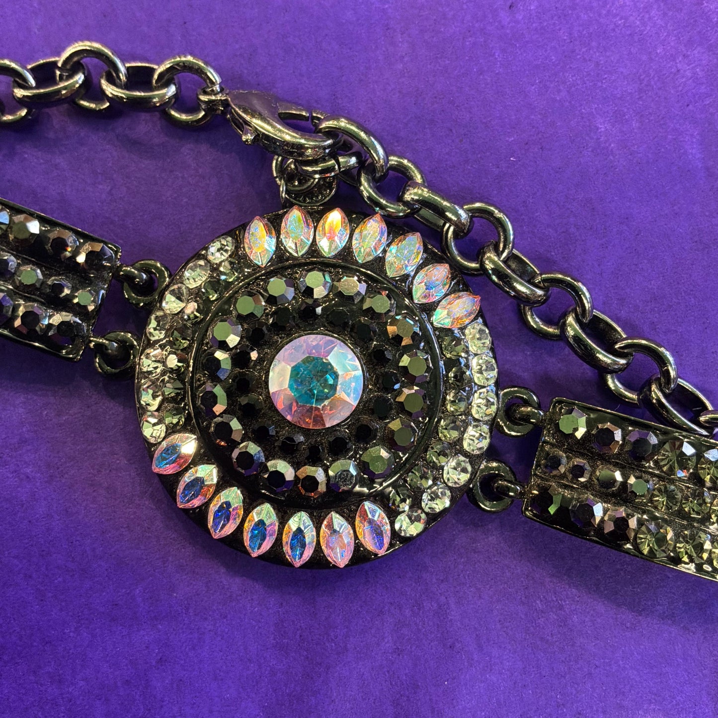 Vintage Butler and Wilson Pewter Tone Art Deco Style Bracelet with Ombré Aurora Borealis Rhinestones