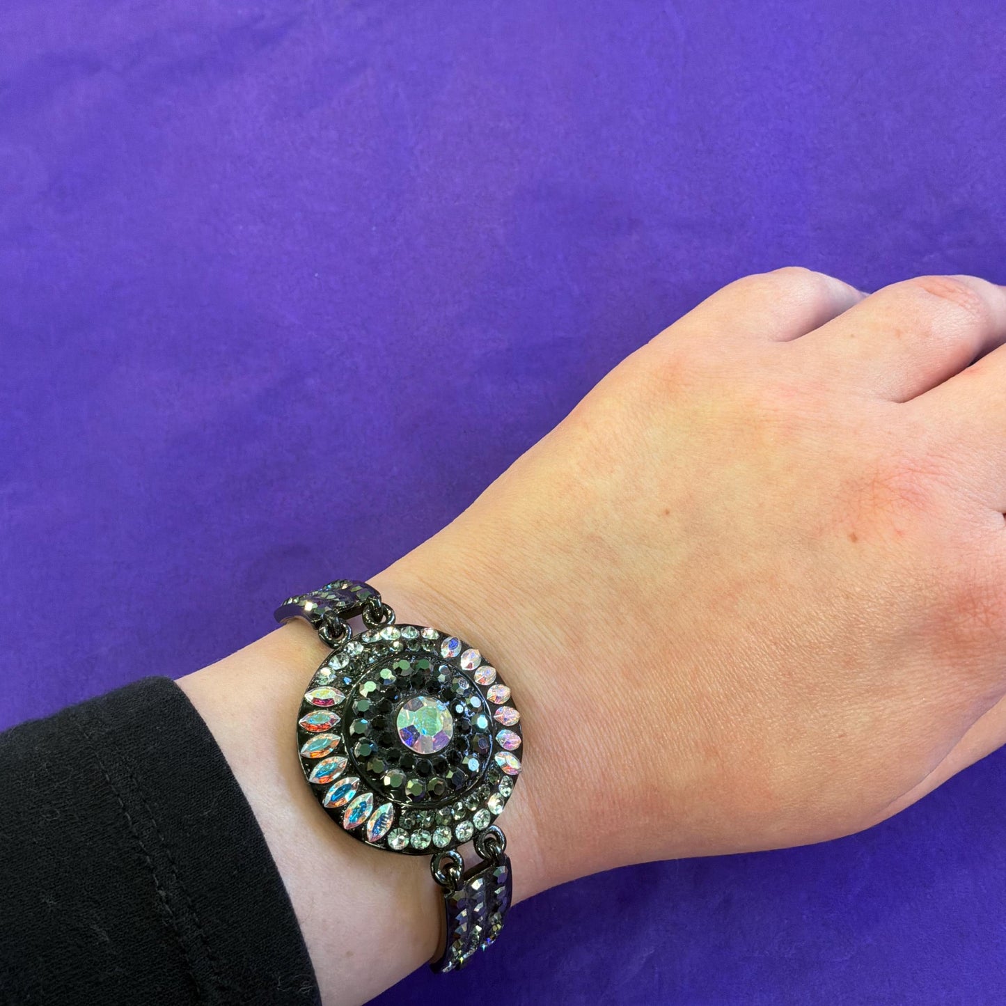 Vintage Butler and Wilson Pewter Tone Art Deco Style Bracelet with Ombré Aurora Borealis Rhinestones