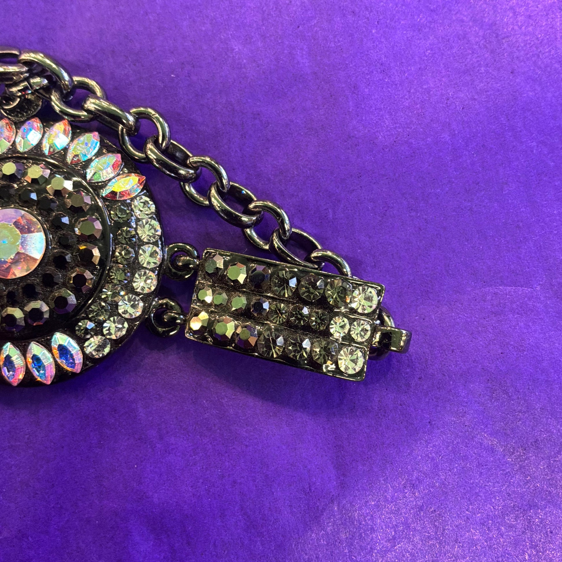 Vintage Butler and Wilson Pewter Tone Art Deco Style Bracelet with Ombré Aurora Borealis Rhinestones