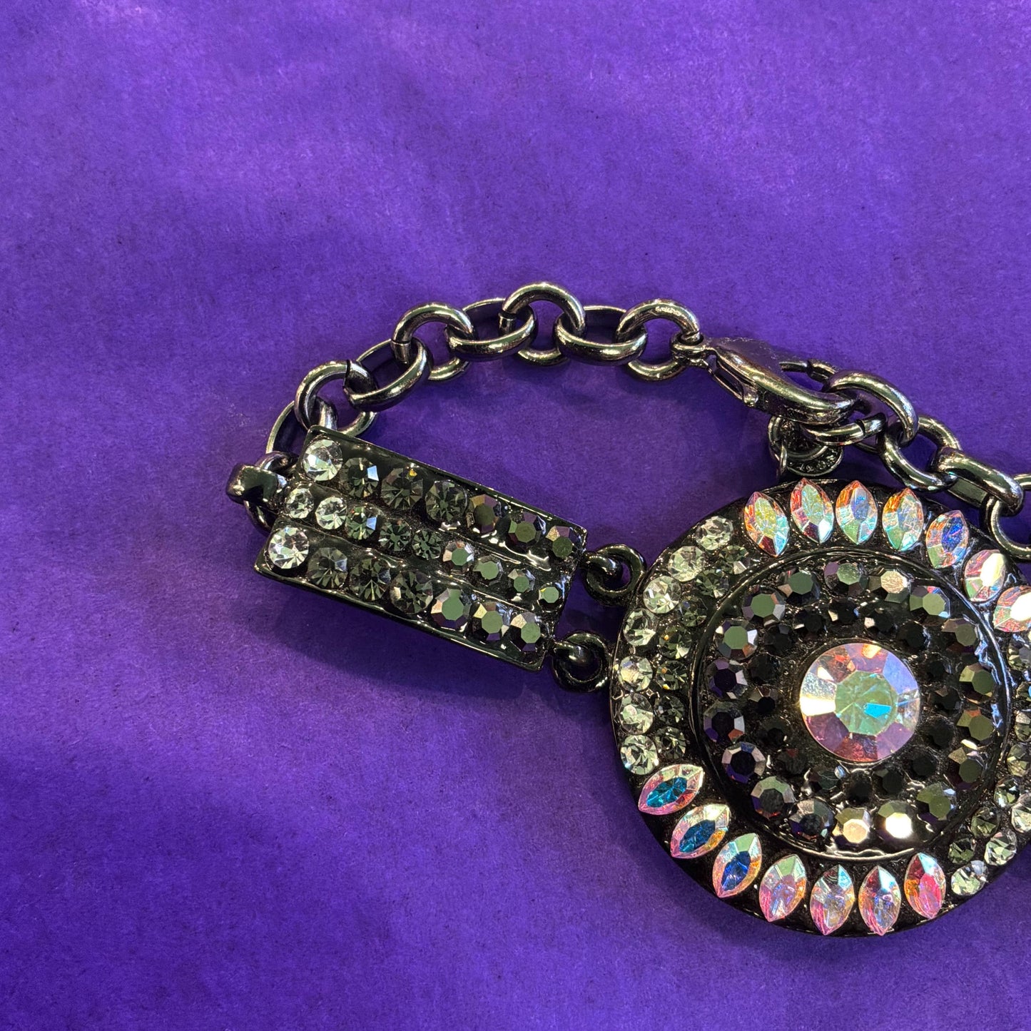 Vintage Butler and Wilson Pewter Tone Art Deco Style Bracelet with Ombré Aurora Borealis Rhinestones