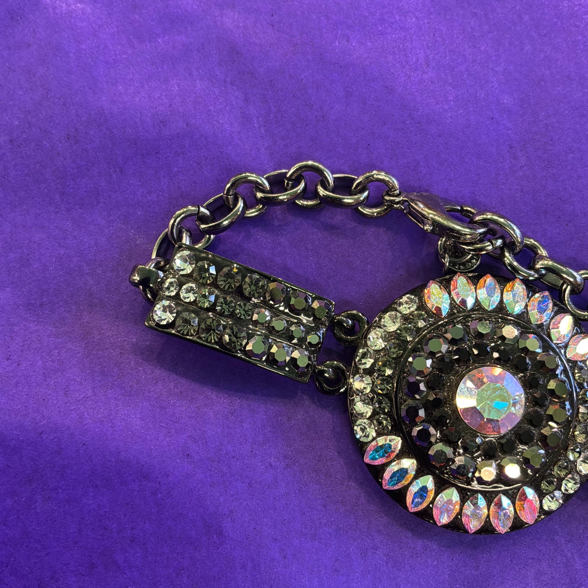 Vintage Butler and Wilson Pewter Tone Art Deco Style Bracelet with Ombré Aurora Borealis Rhinestones