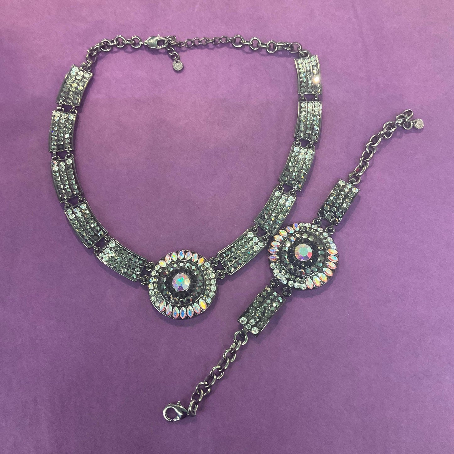 Vintage Butler and Wilson Pewter Tone Art Deco Style Bracelet with Ombré Aurora Borealis Rhinestones