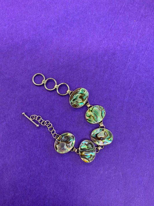 Vintage Silver and Abalone Paua Shell Artisan Made T Bar Panel Bracelet