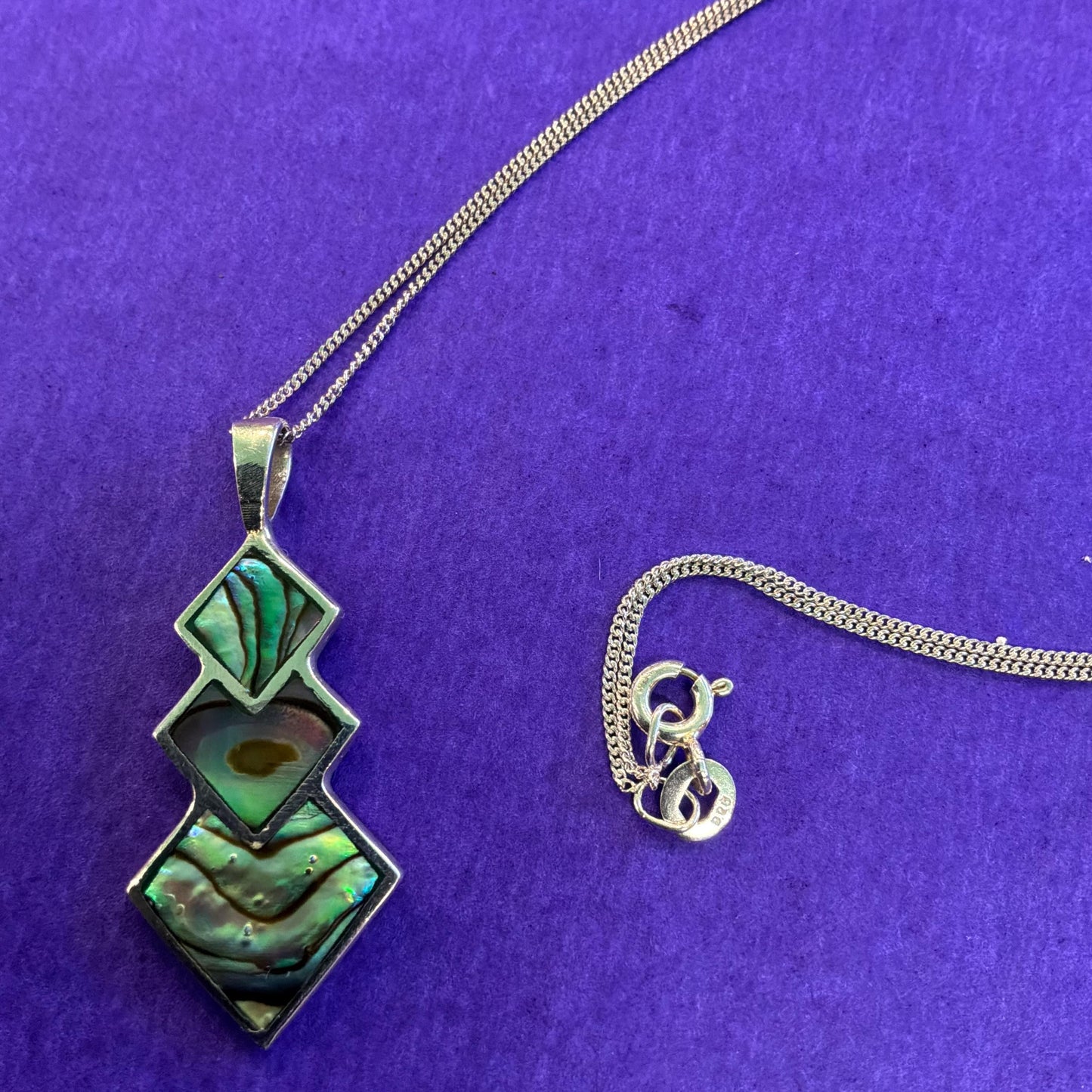 Vintage 925 Silver and Abalone Shell Pendant and Drop Earring Jewellery Set