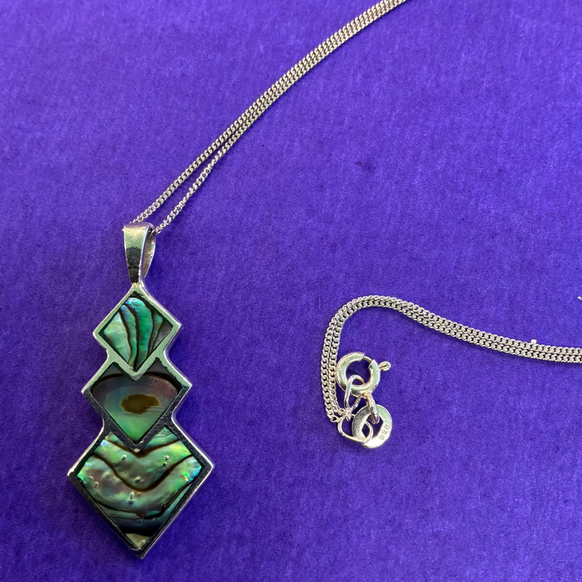 Vintage 925 Silver and Abalone Shell Pendant and Drop Earring Jewellery Set