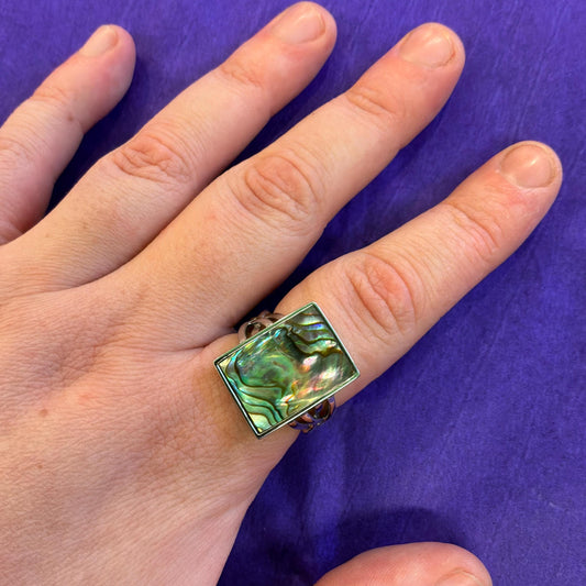 Vintage Silver and Abalone Shell Celtic Style Ring, Size UK S, US 9