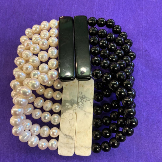 Vintage Art Deco Style Monotone Fresh Water Pearl and Onyx Wide Bracelet