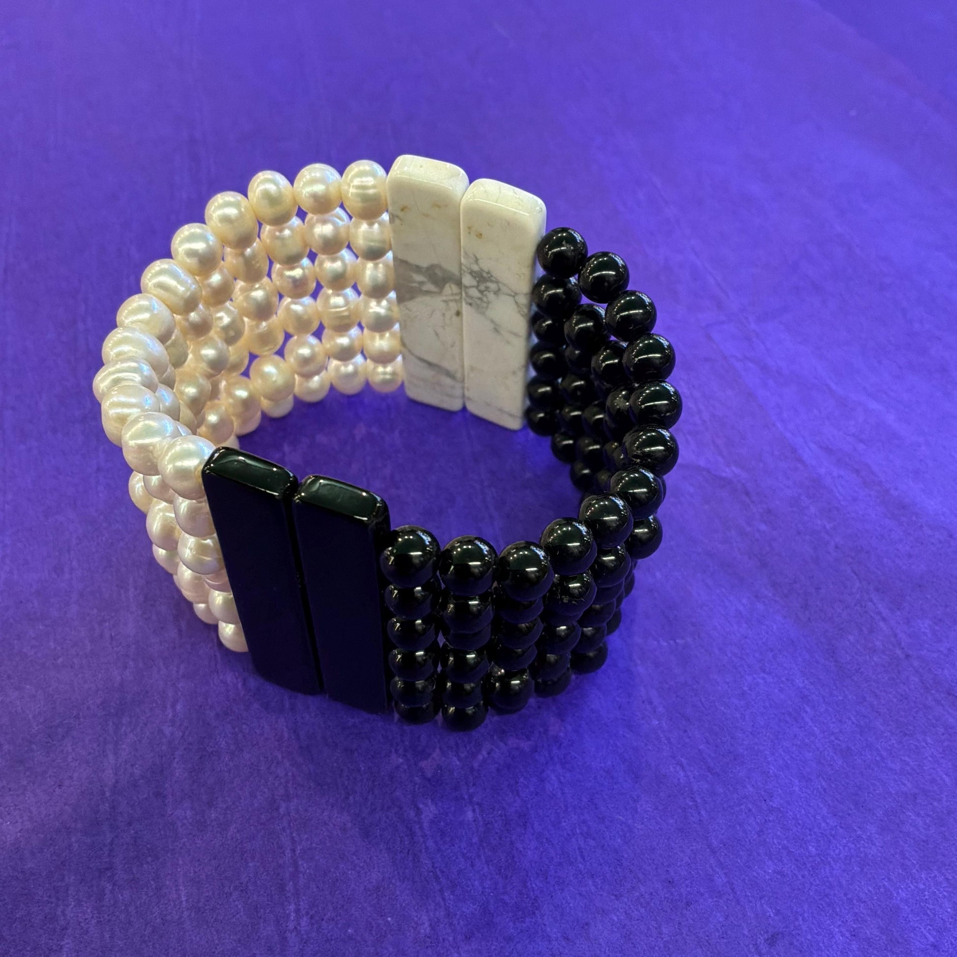 Vintage Art Deco Style Monotone Fresh Water Pearl and Onyx Wide Bracelet