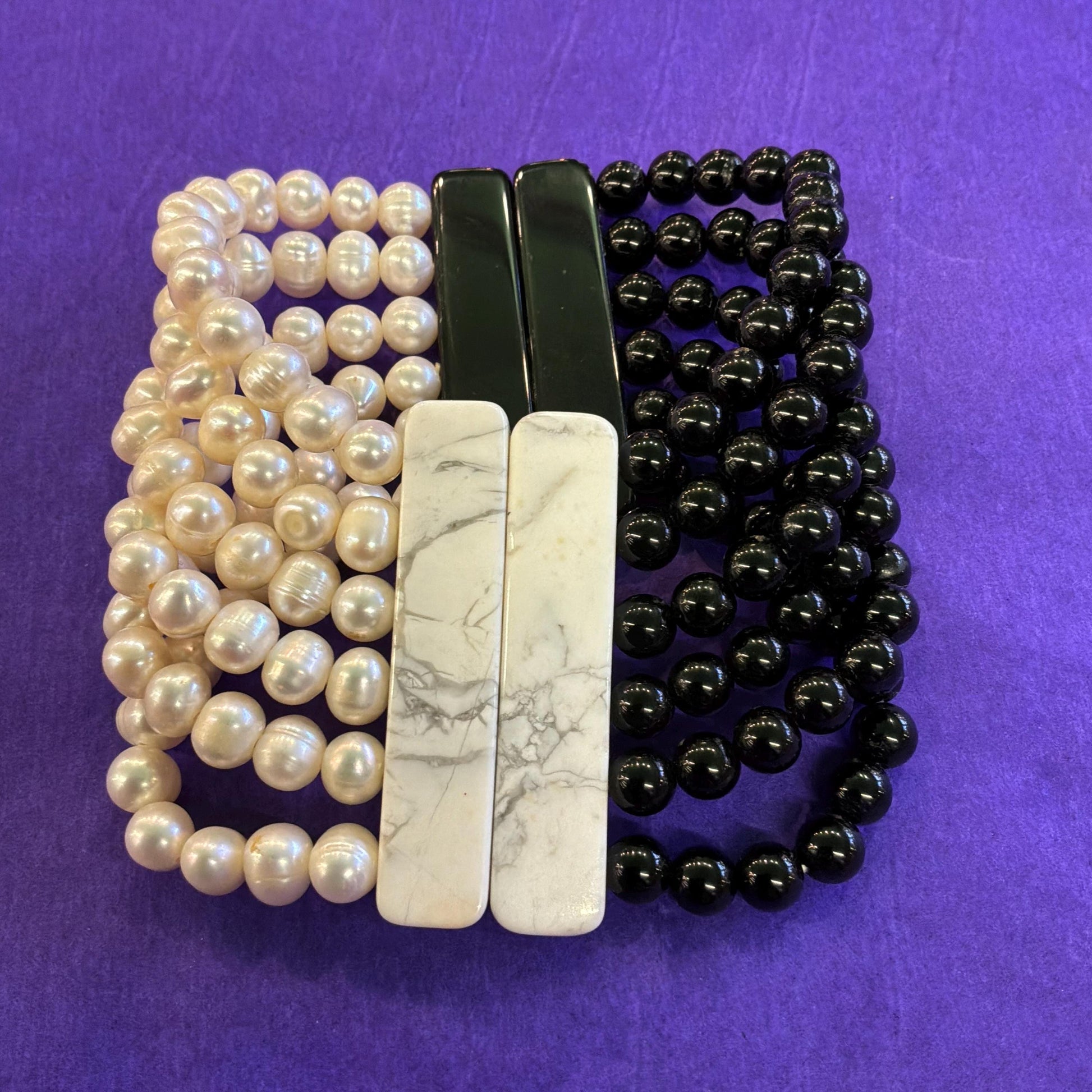 Vintage Art Deco Style Monotone Fresh Water Pearl and Onyx Wide Bracelet