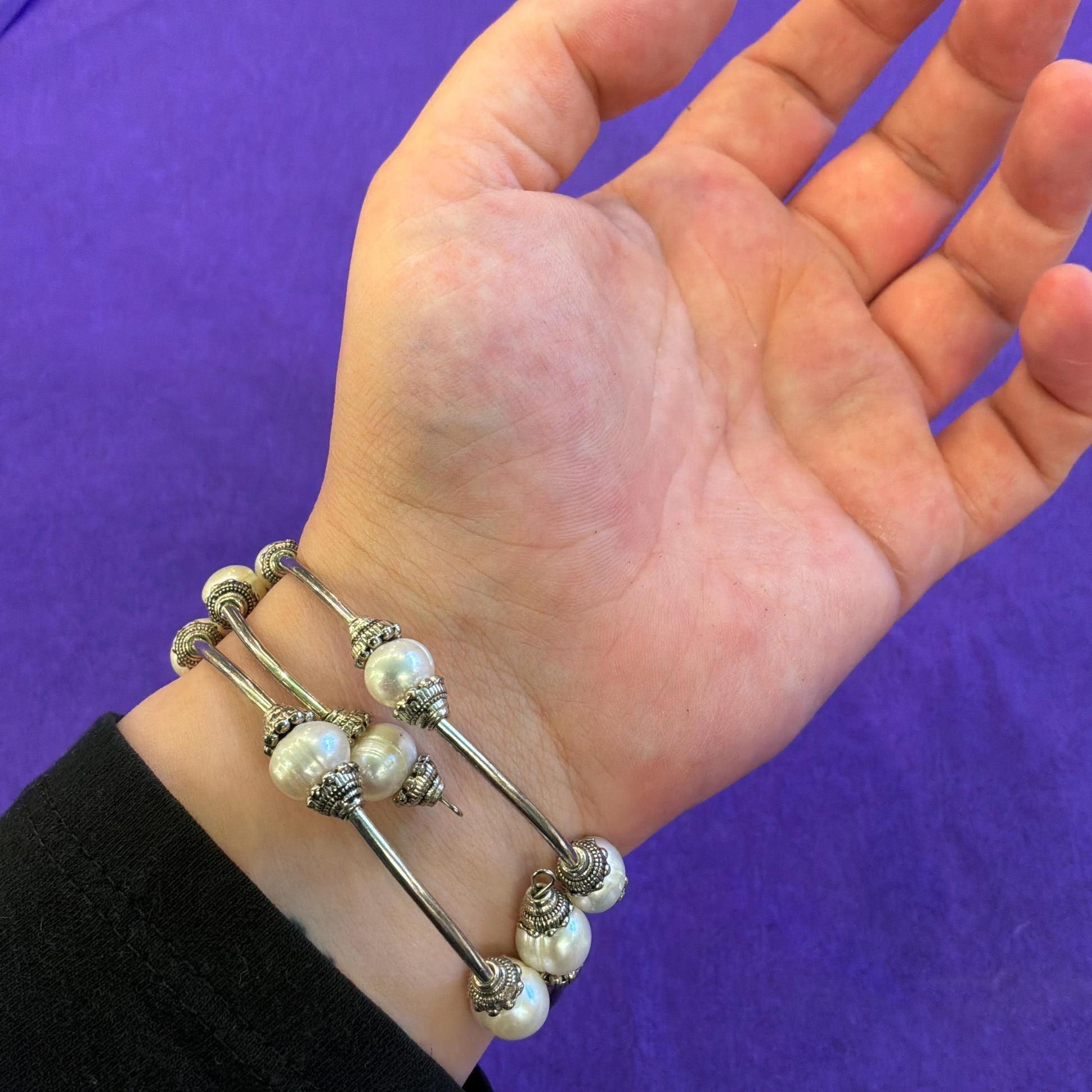 Vintage Art Deco Style Triple Wrap Freshwater Pearl Bracelet with Silver Tone Accents