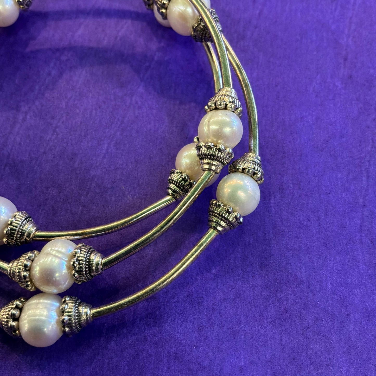 Vintage Art Deco Style Triple Wrap Freshwater Pearl Bracelet with Silver Tone Accents