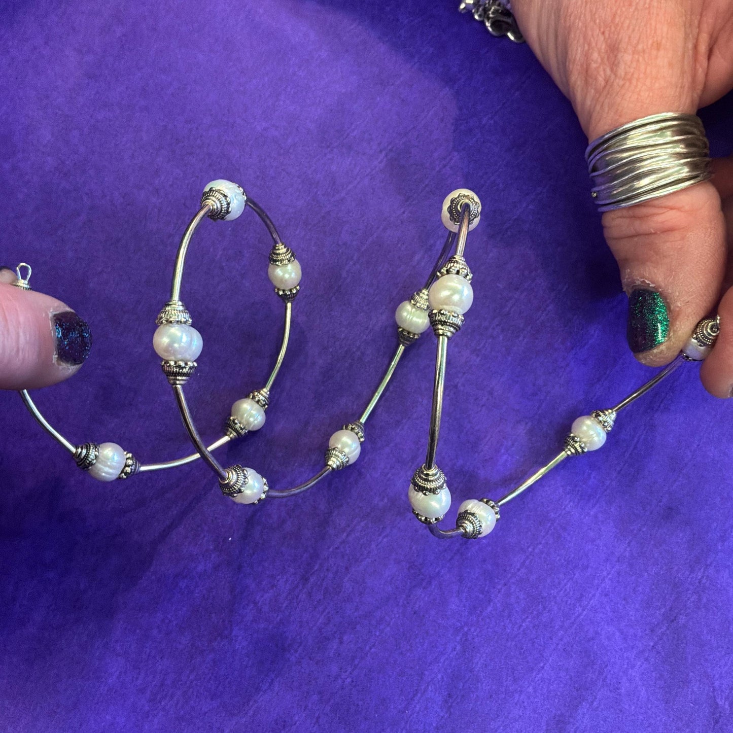Vintage Art Deco Style Triple Wrap Freshwater Pearl Bracelet with Silver Tone Accents