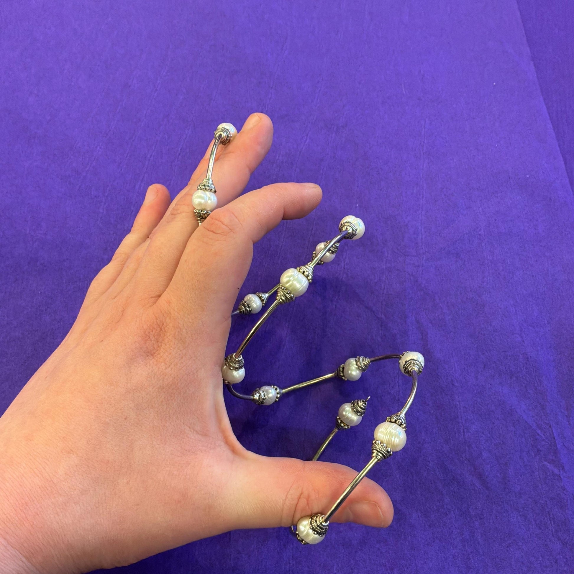Vintage Art Deco Style Triple Wrap Freshwater Pearl Bracelet with Silver Tone Accents