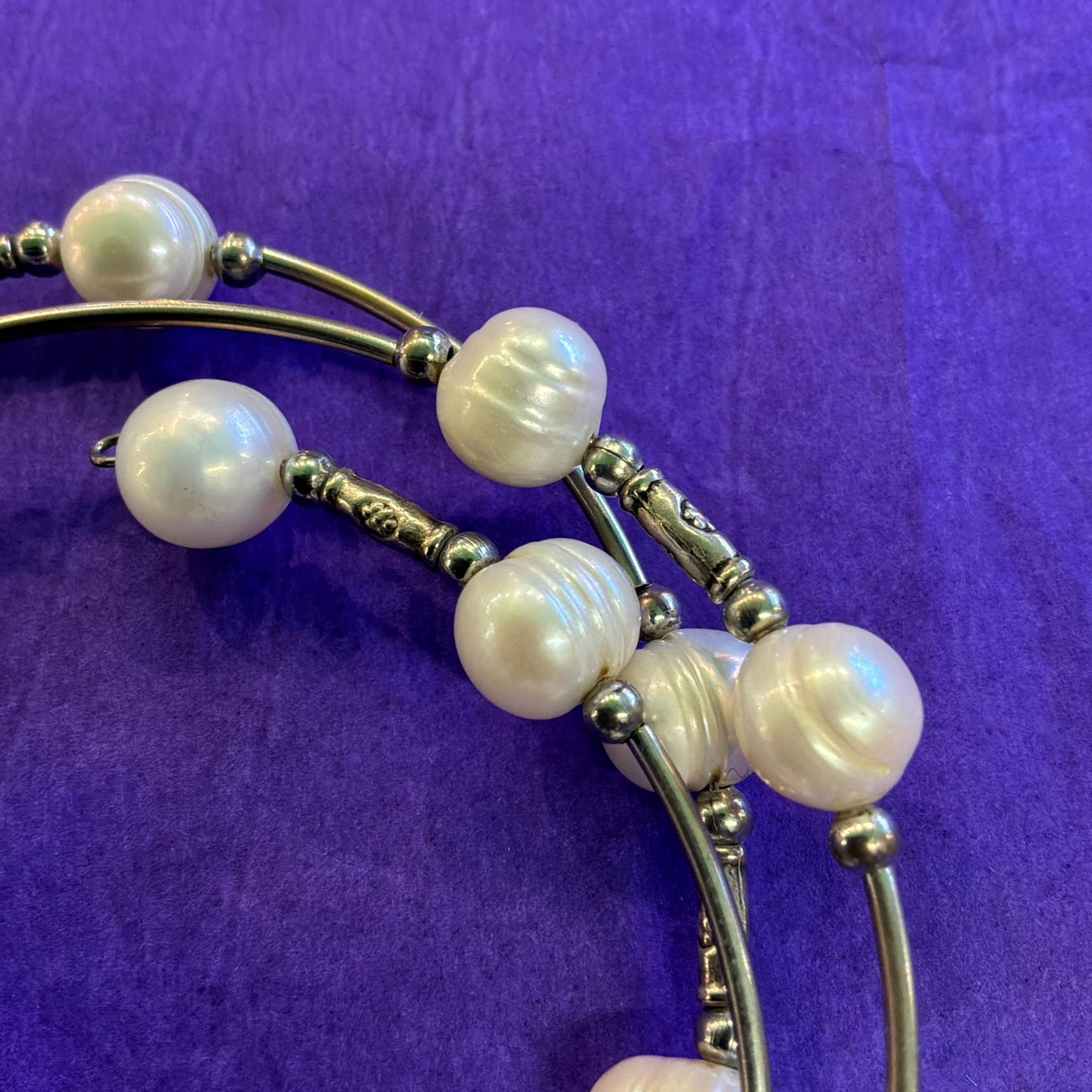 Vintage Laura Ashley Ivory Freshwater Pearl and Silver Tone MEtal Coiled Bracelet