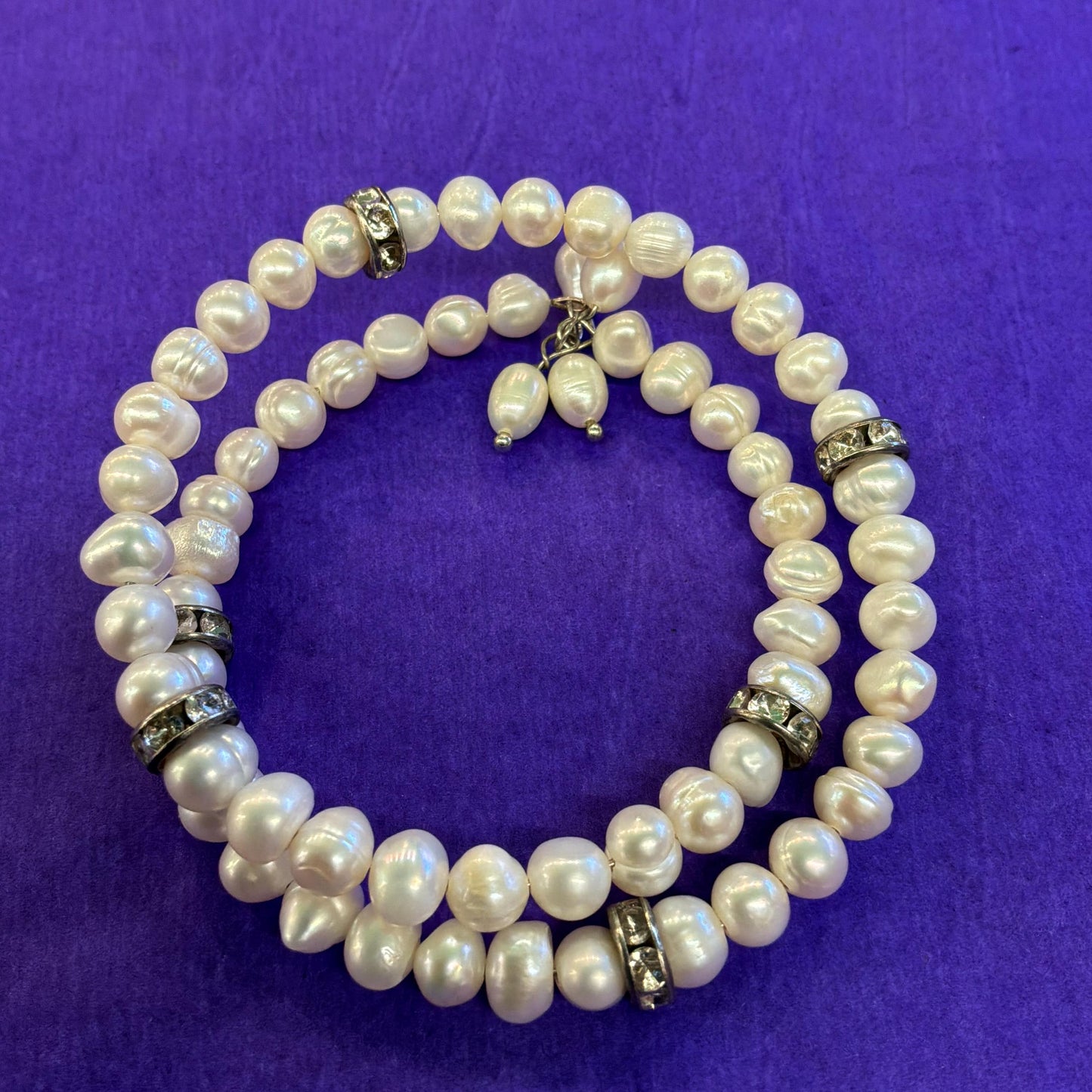 Vintage Double Strand Ivory Freshwater Pearl and Diamante Crystal Rondelle filed memory Bangle