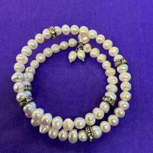 Vintage Double Strand Ivory Freshwater Pearl and Diamante Crystal Rondelle filed memory Bangle