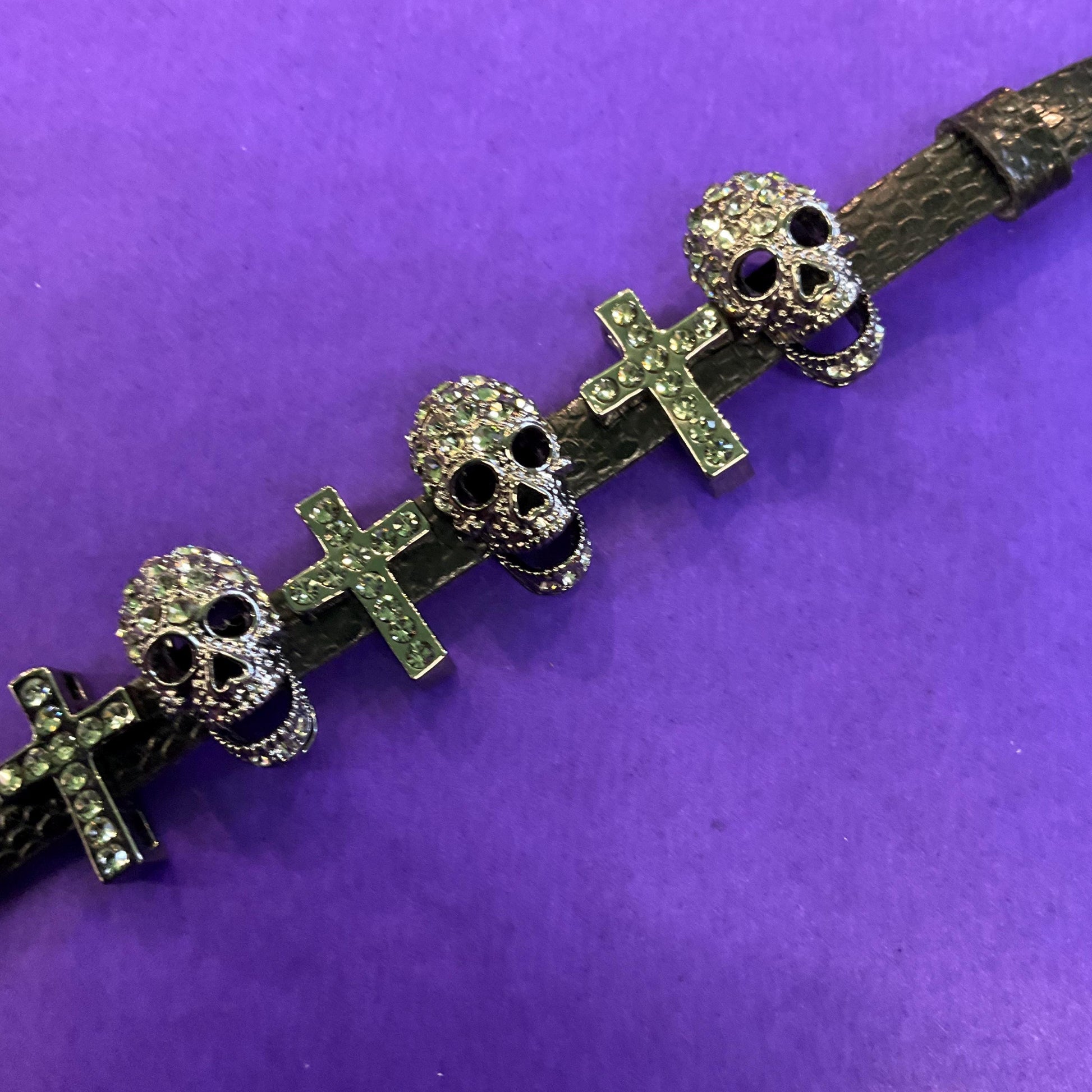 Vintage Butler and Wilson Black Leather and Crystal Cross and Skull bracelet, dark pewter rhinestones