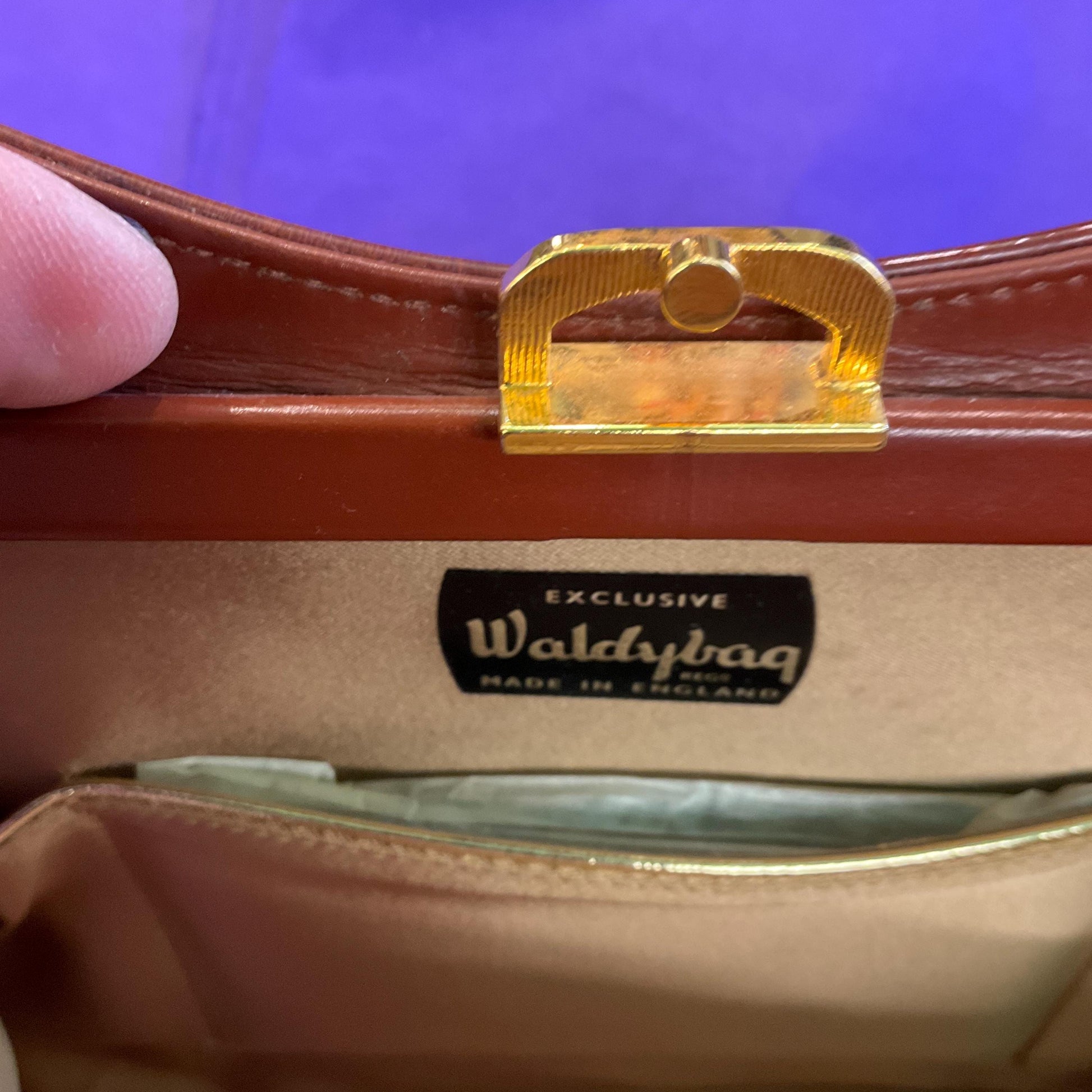 Original Vintage 1950s/60s WALDYBAG Brown Patent Leather Hand Bag, unused with original tags