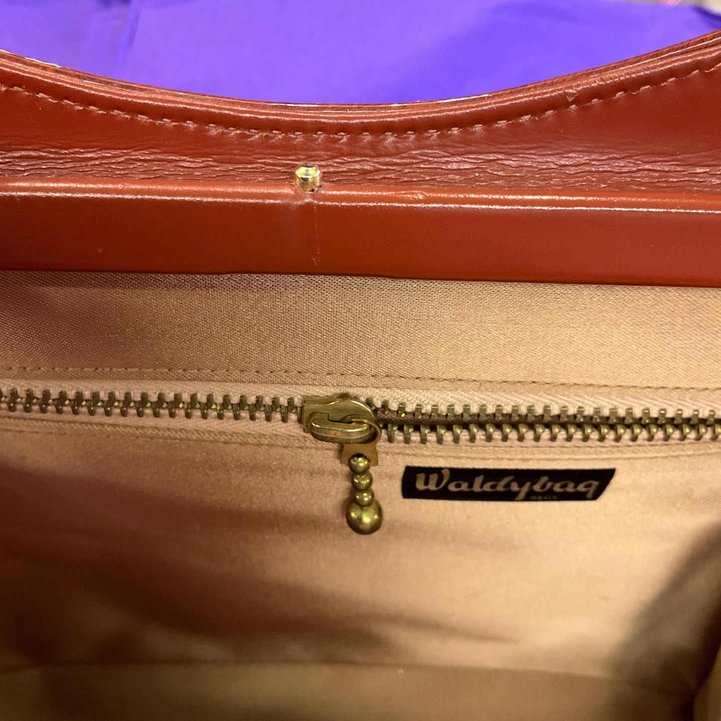 Original Vintage 1950s/60s WALDYBAG Brown Patent Leather Hand Bag, unused with original tags