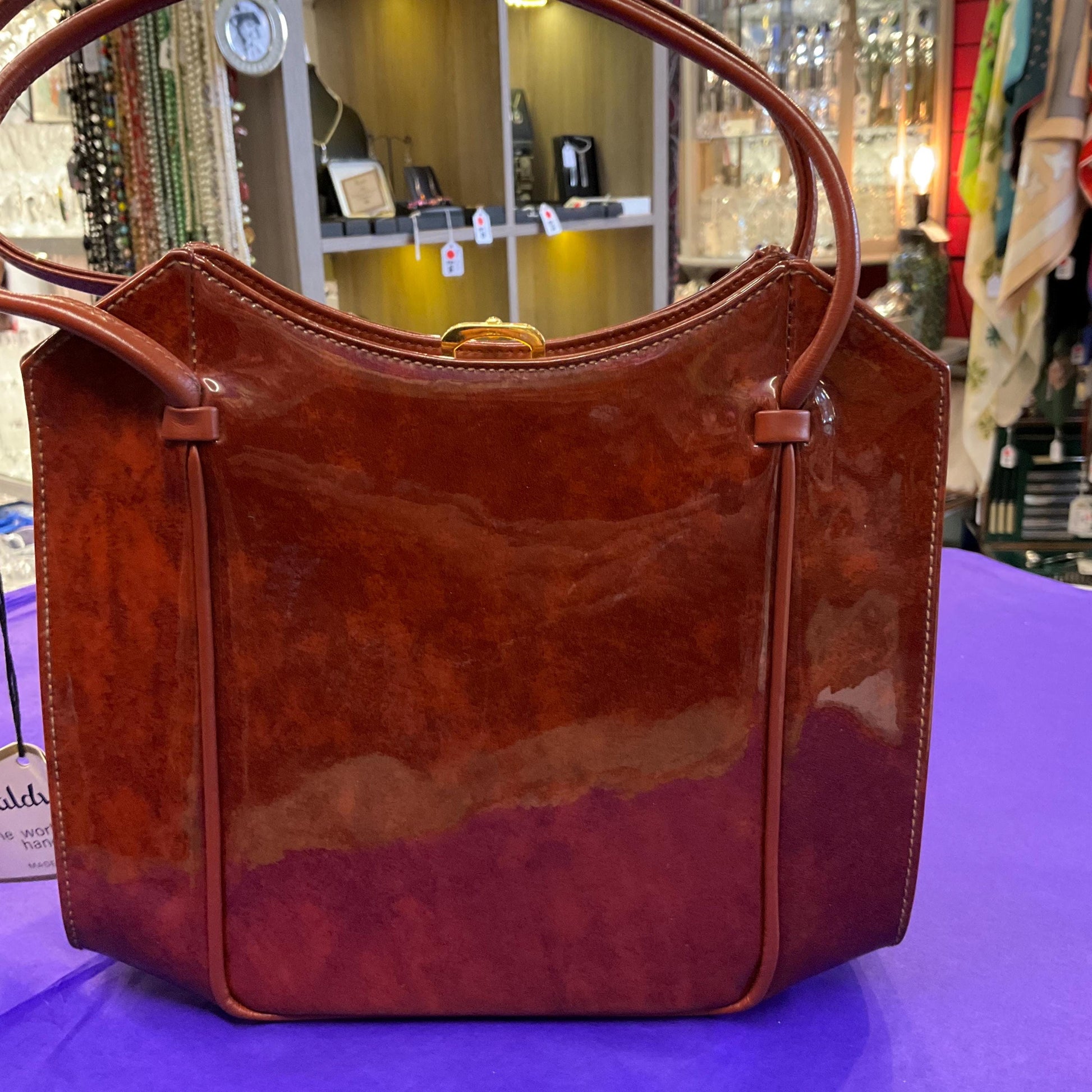 Original Vintage 1950s/60s WALDYBAG Brown Patent Leather Hand Bag, unused with original tags