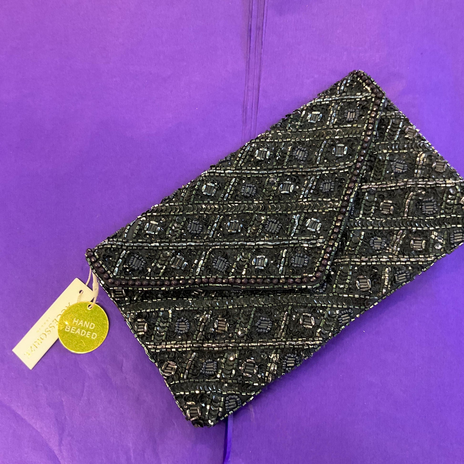 Vintage Unused Midnight Blue satin Hand Beaded Clutch Or Shoulder Bag by Accesorize,