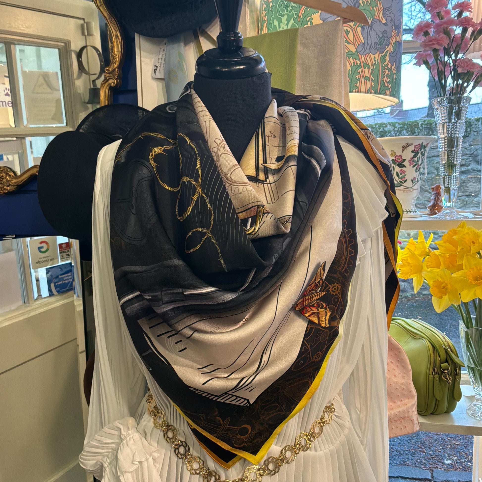 Vintage Mithridate Ultra Large Pure Silk Abstract Graphic Scarf, Shades of Brown, Cream, Gold