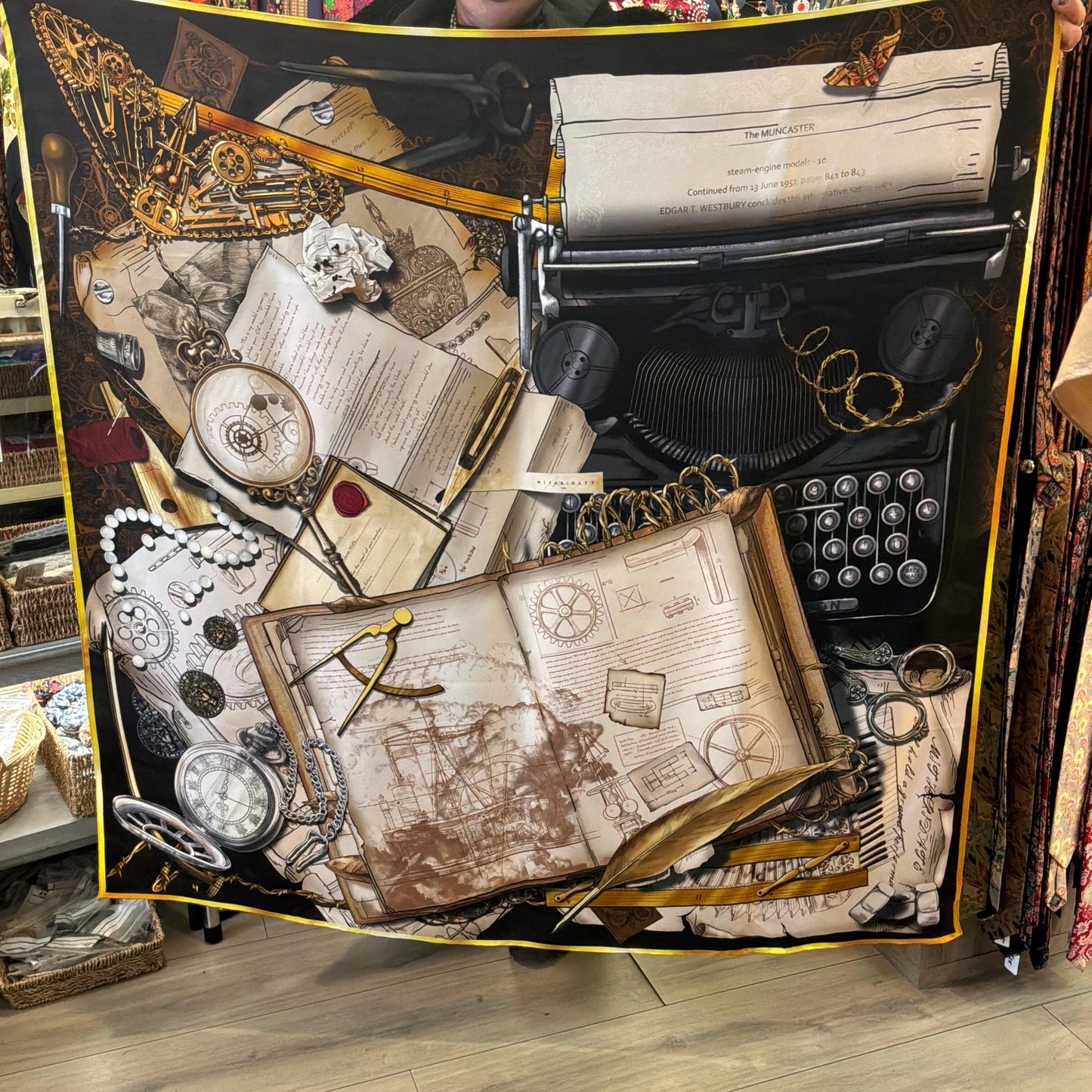 Vintage Mithridate Ultra Large Pure Silk Abstract Graphic Scarf, Shades of Brown, Cream, Gold