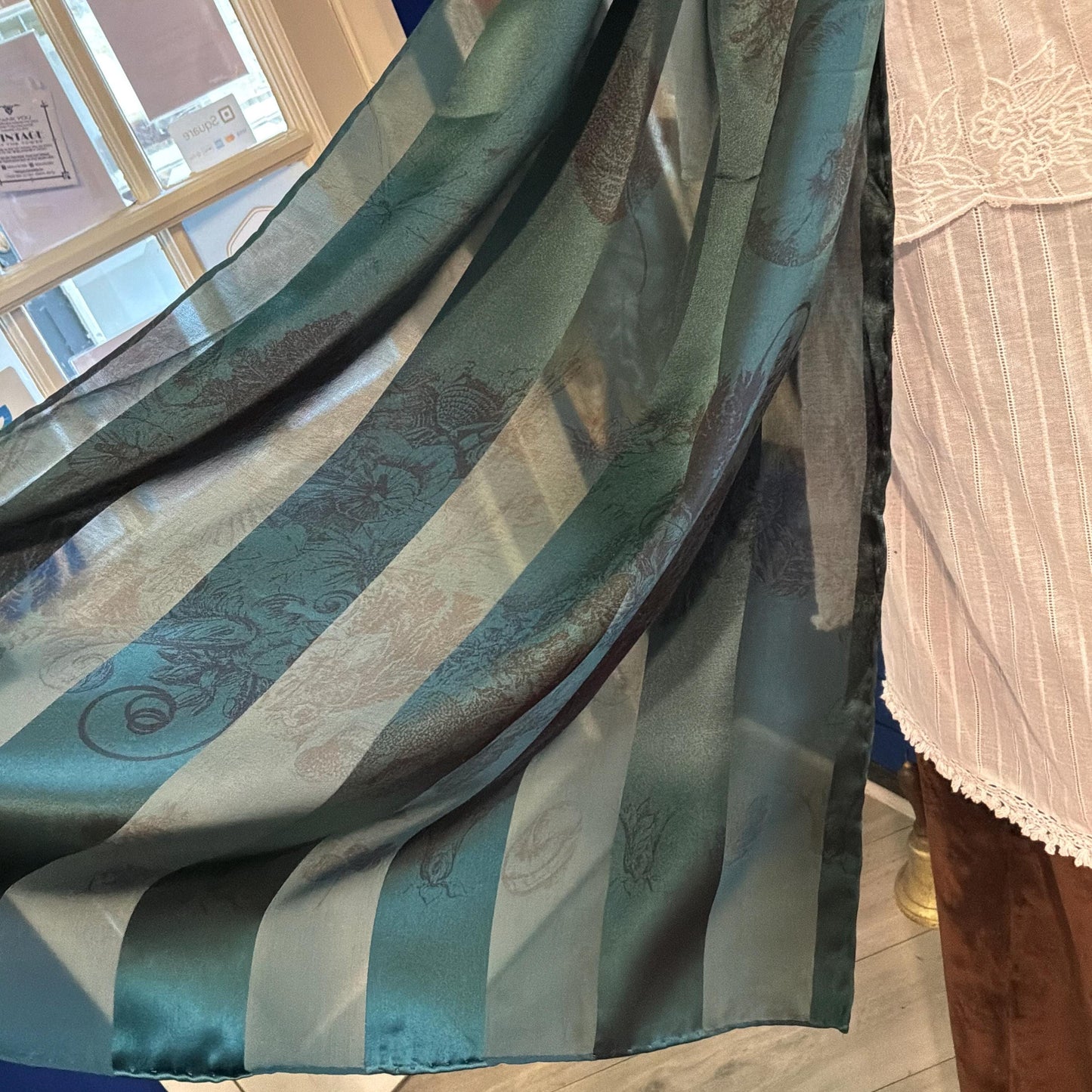 Vintage Silk Scarf by English Eccentrics for Liberty of London , Large Rectangular Silk Devore Scarf in Deep Green with Sea Shells Print