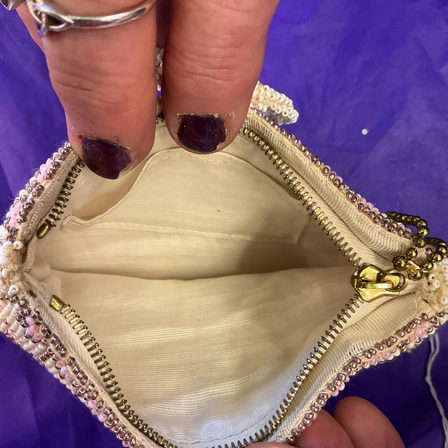 Antique Art Deco Tulip Beaded Evening Bag with Loop Handle, Ivory with rose gold, pale aqua and pink seed beads