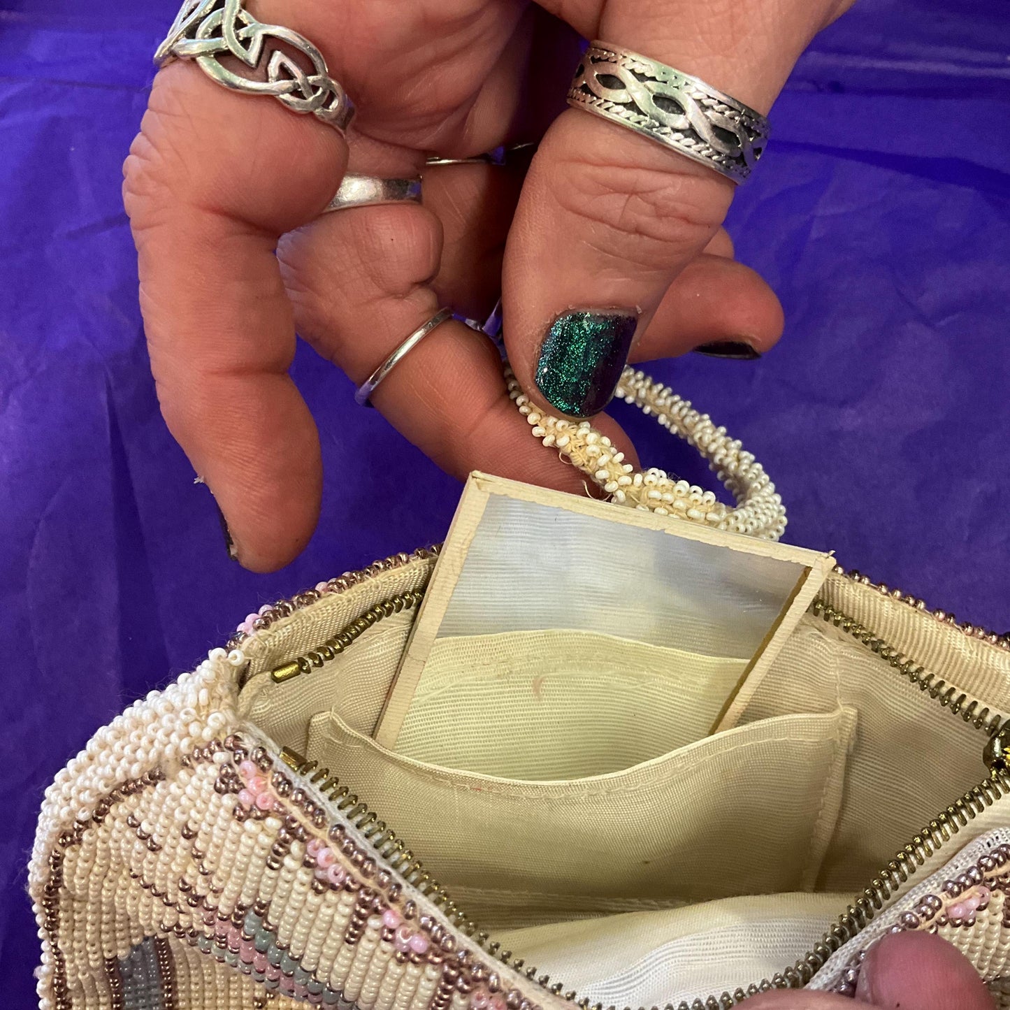 Antique Art Deco Tulip Beaded Evening Bag with Loop Handle, Ivory with rose gold, pale aqua and pink seed beads