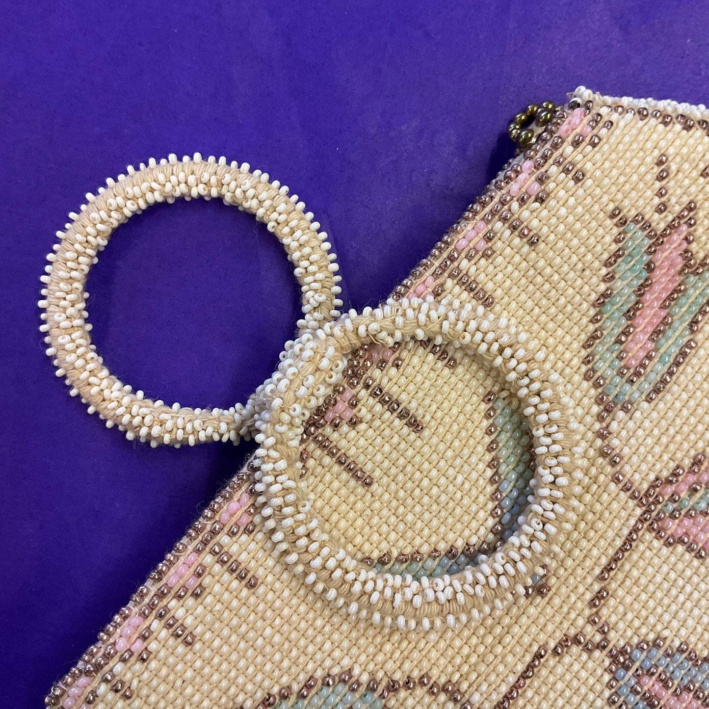 Antique Art Deco Tulip Beaded Evening Bag with Loop Handle, Ivory with rose gold, pale aqua and pink seed beads