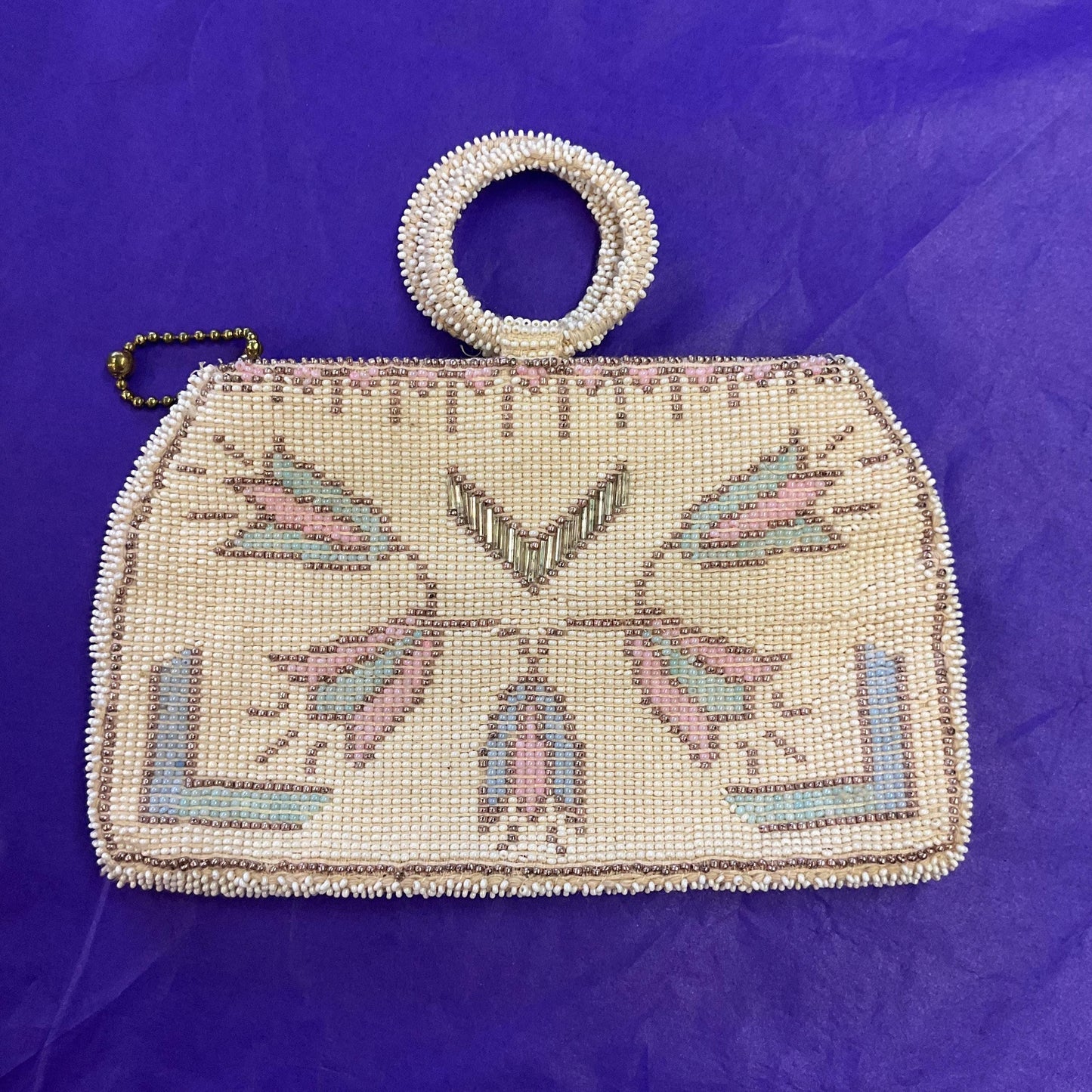 Antique Art Deco Tulip Beaded Evening Bag with Loop Handle, Ivory with rose gold, pale aqua and pink seed beads