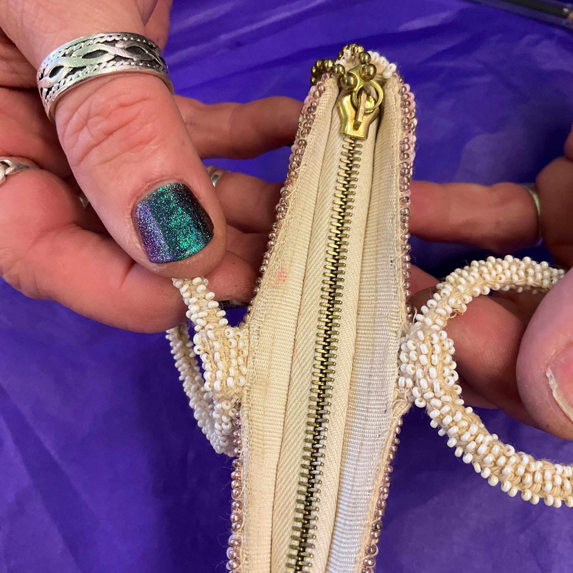 Antique Art Deco Tulip Beaded Evening Bag with Loop Handle, Ivory with rose gold, pale aqua and pink seed beads