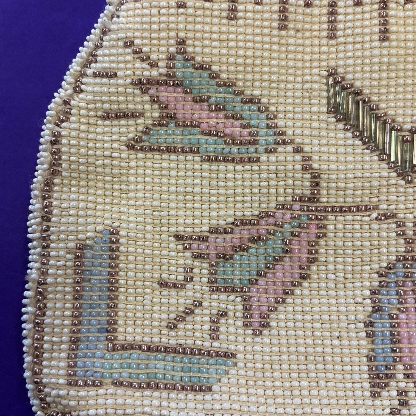 Antique Art Deco Tulip Beaded Evening Bag with Loop Handle, Ivory with rose gold, pale aqua and pink seed beads