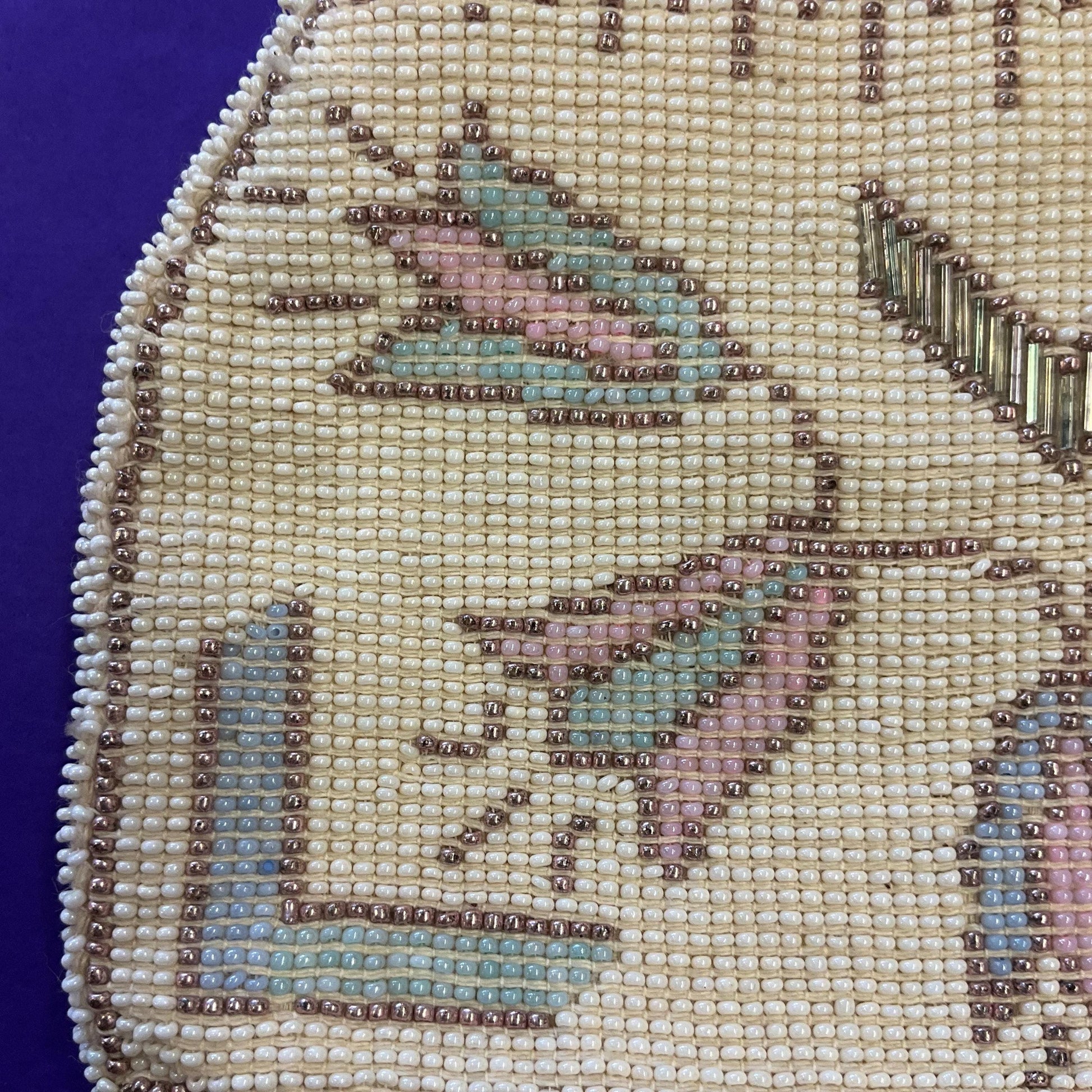 Antique Art Deco Tulip Beaded Evening Bag with Loop Handle, Ivory with rose gold, pale aqua and pink seed beads