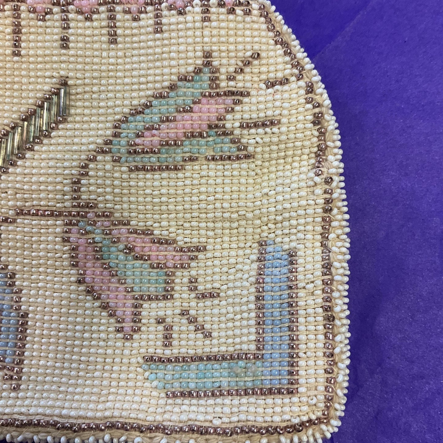 Antique Art Deco Tulip Beaded Evening Bag with Loop Handle, Ivory with rose gold, pale aqua and pink seed beads