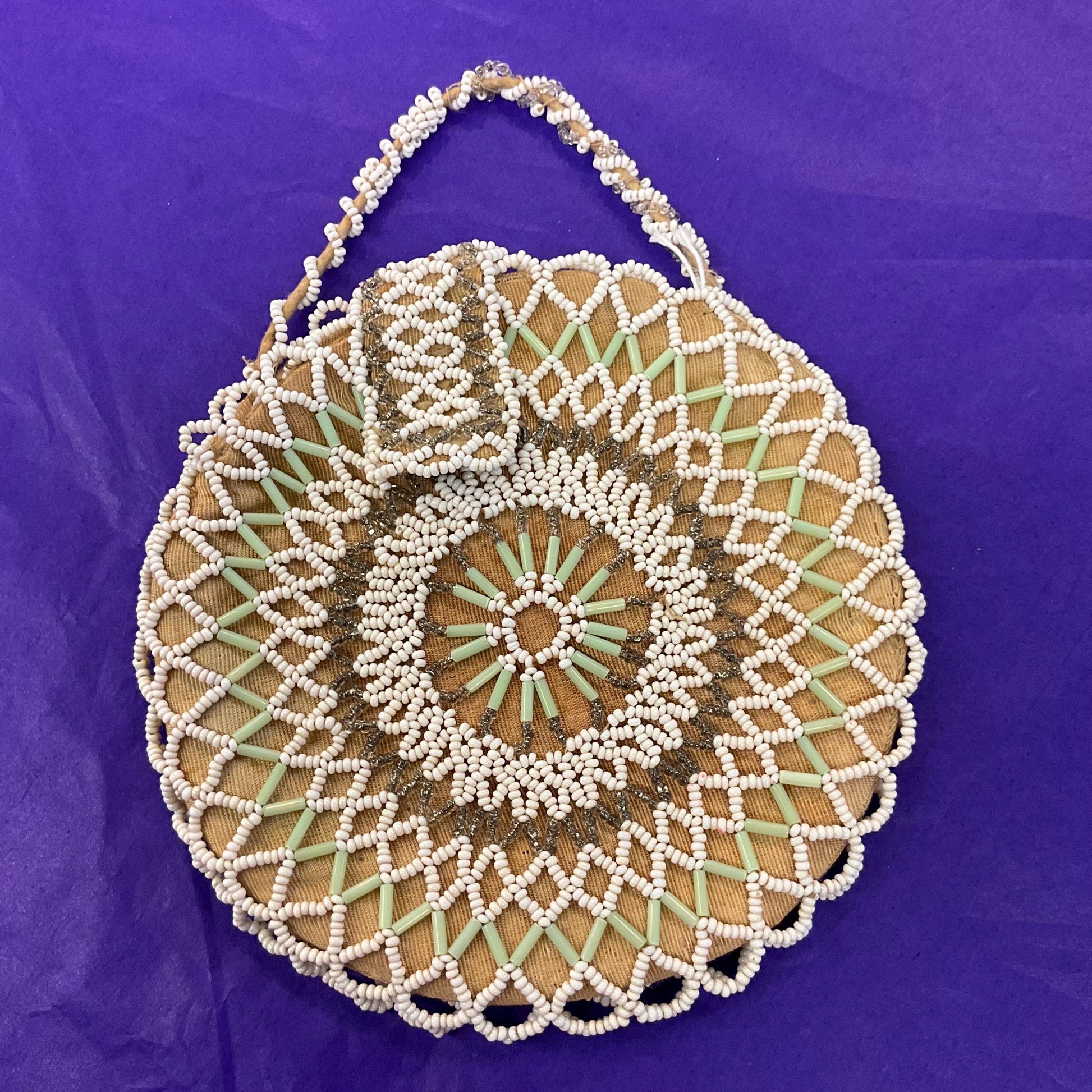 Antique Art Deco Circular Beaded Evening Bag , Gold Taffeta with white, green and silver beading.