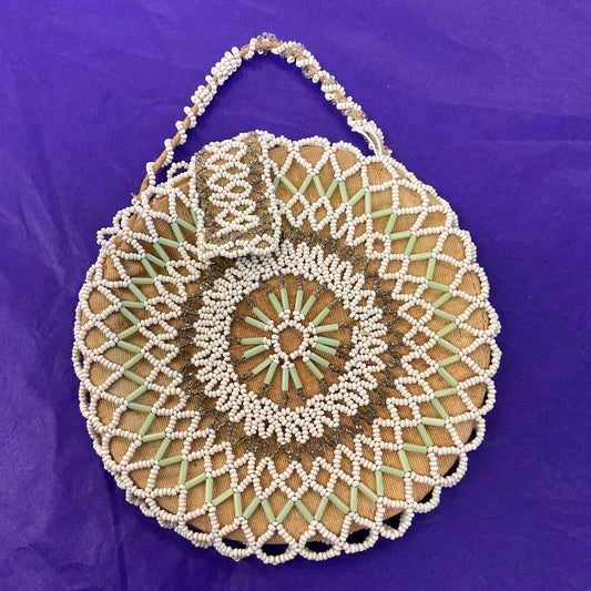 Antique Art Deco Circular Beaded Evening Bag , Gold Taffeta with white, green and silver beading.
