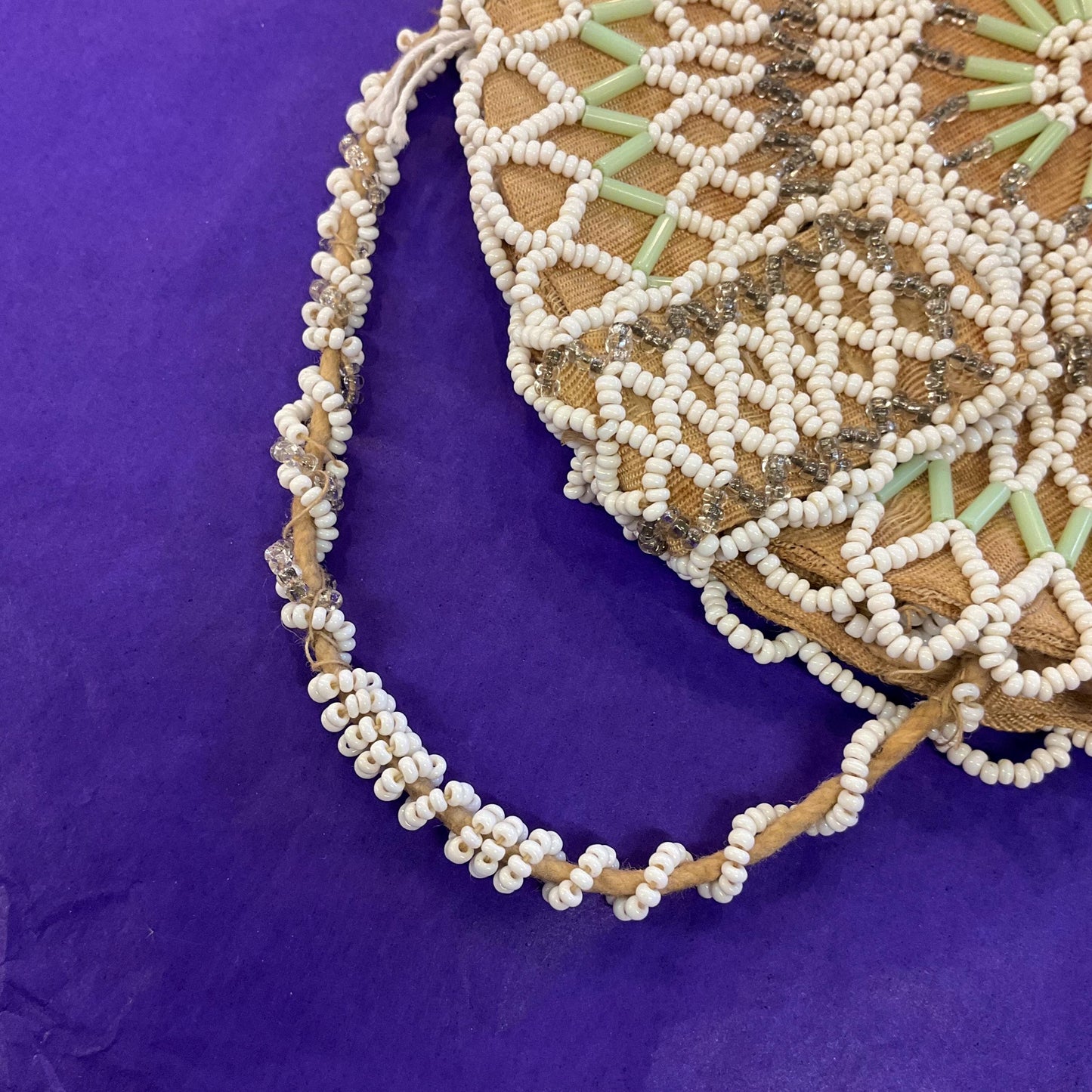 Antique Art Deco Circular Beaded Evening Bag , Gold Taffeta with white, green and silver beading.