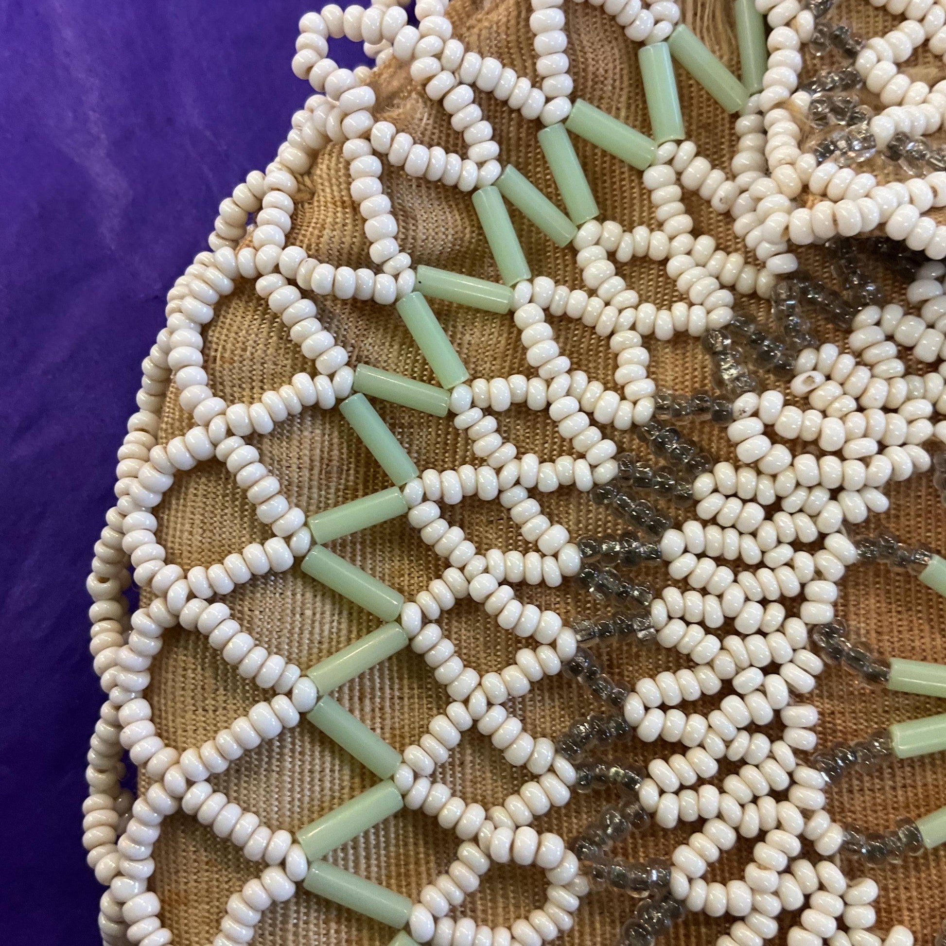 Antique Art Deco Circular Beaded Evening Bag , Gold Taffeta with white, green and silver beading.