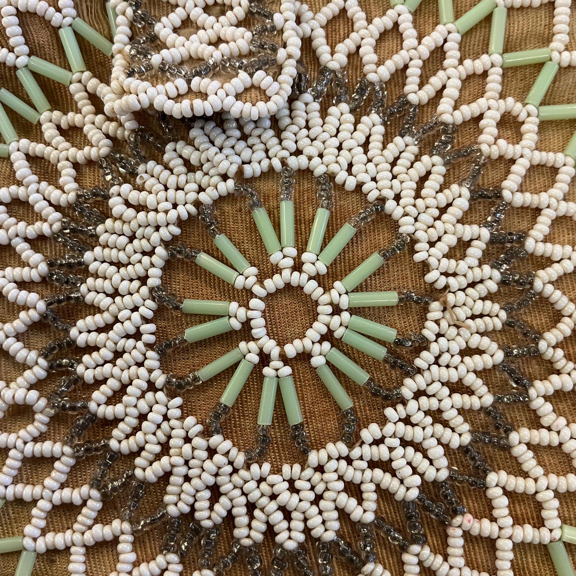 Antique Art Deco Circular Beaded Evening Bag , Gold Taffeta with white, green and silver beading.