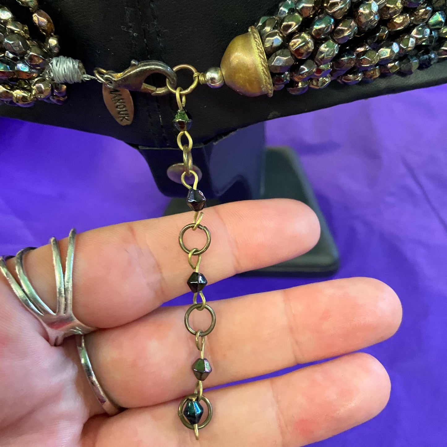 Vintage 1990s MANOUK Multistrand twisted Irridescent beaded crystal necklace, Peacock/ Petrol Borealis Glass Beads